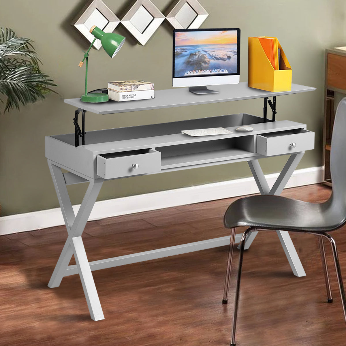 Adjustable Lift Desk with Farmhouse Style and Storage, Grey