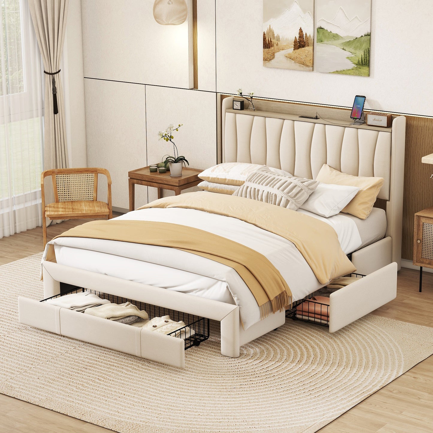 Queen Size Bed Frame with Storage Headboard and Charging Station, Upholstered Platform Bed with 3 Drawers, No Box Spring Needed, Beige