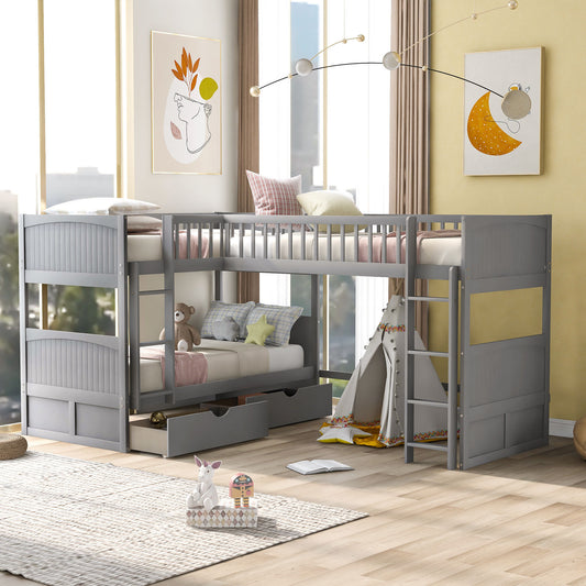 Triple Sleeper Gray Twin Bunk Bed with Loft and Dual Drawers