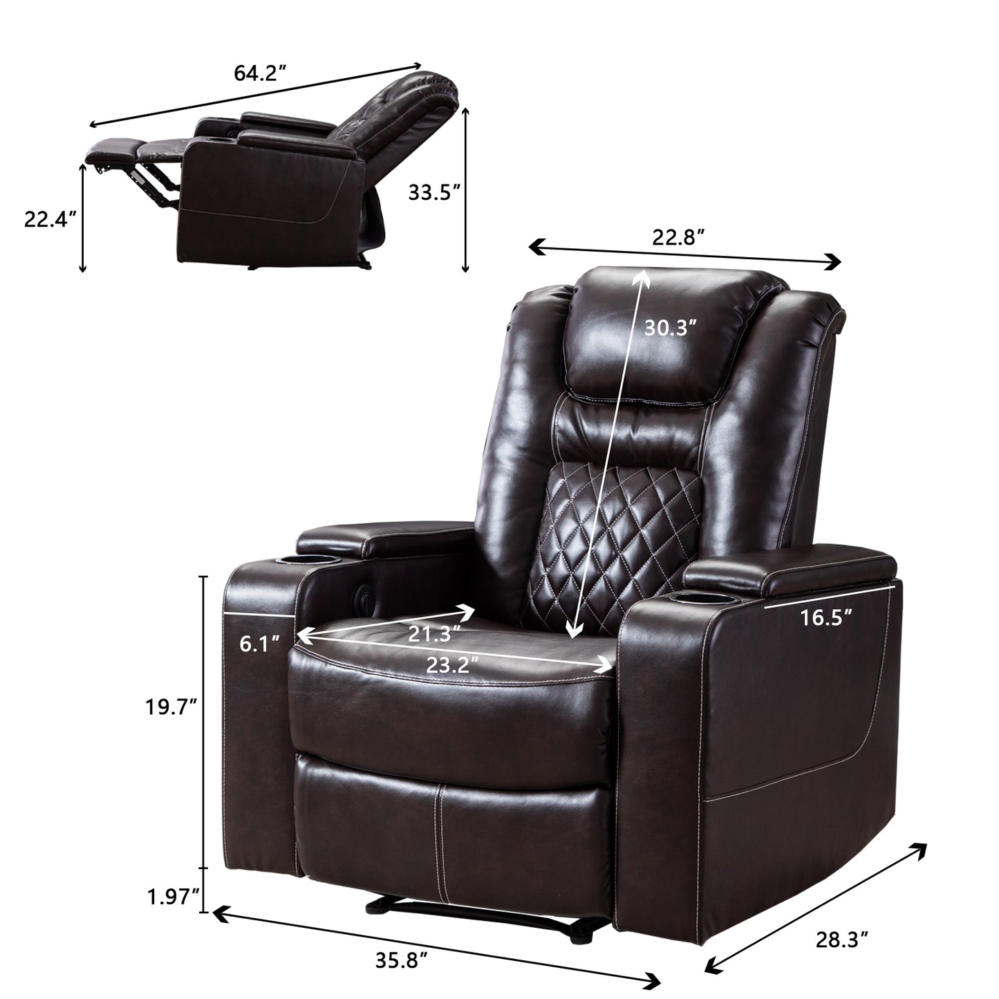 Luxurious PU Recliner with Built-In Cup Holders, Storage, and USB Port