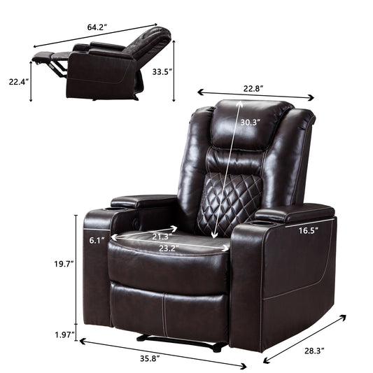 Luxurious PU Recliner with Built-In Cup Holders, Storage, and USB Port