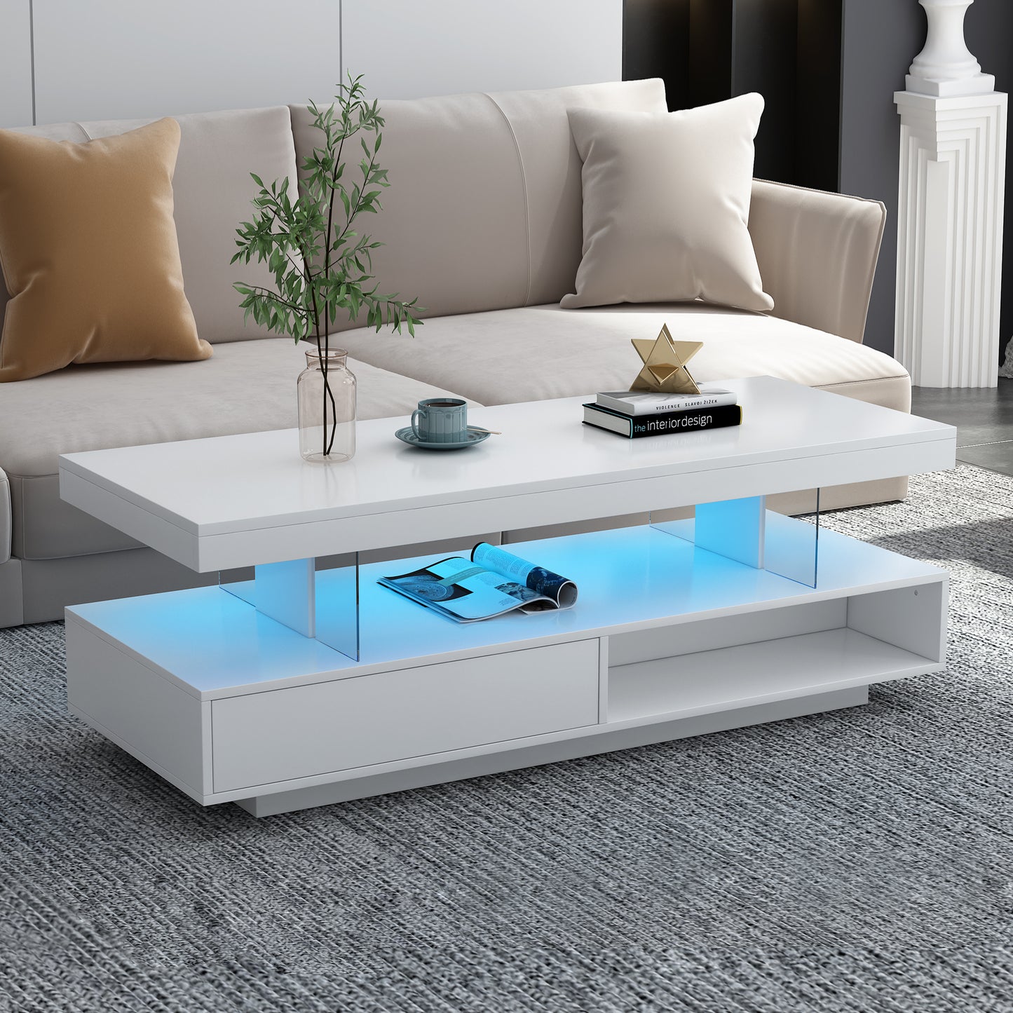 Modern LED Coffee Table with Storage Drawers and Display Shelves, Accent Furniture with Multicolor LED Lights