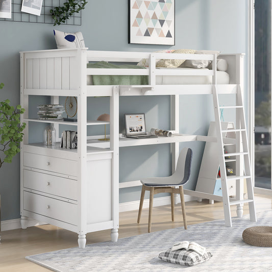 Twin size Loft Bed with Drawers and Desk, Wooden Loft Bed with Shelves - White(: LT001530AAK)