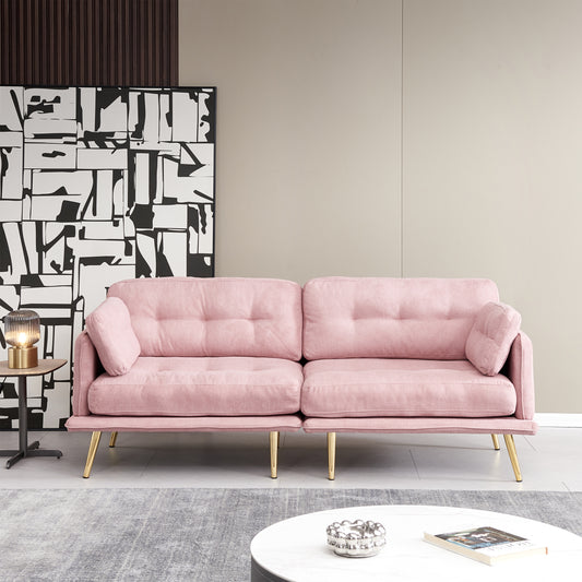 3-Seat Pink Linen Fabric Sofa with Gold Metal Legs