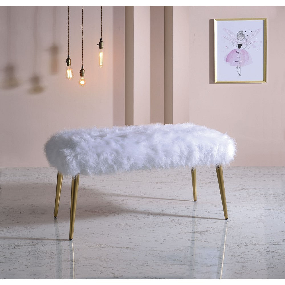 ACME Bagley II Bench in White Faux Fur & Gold 96450