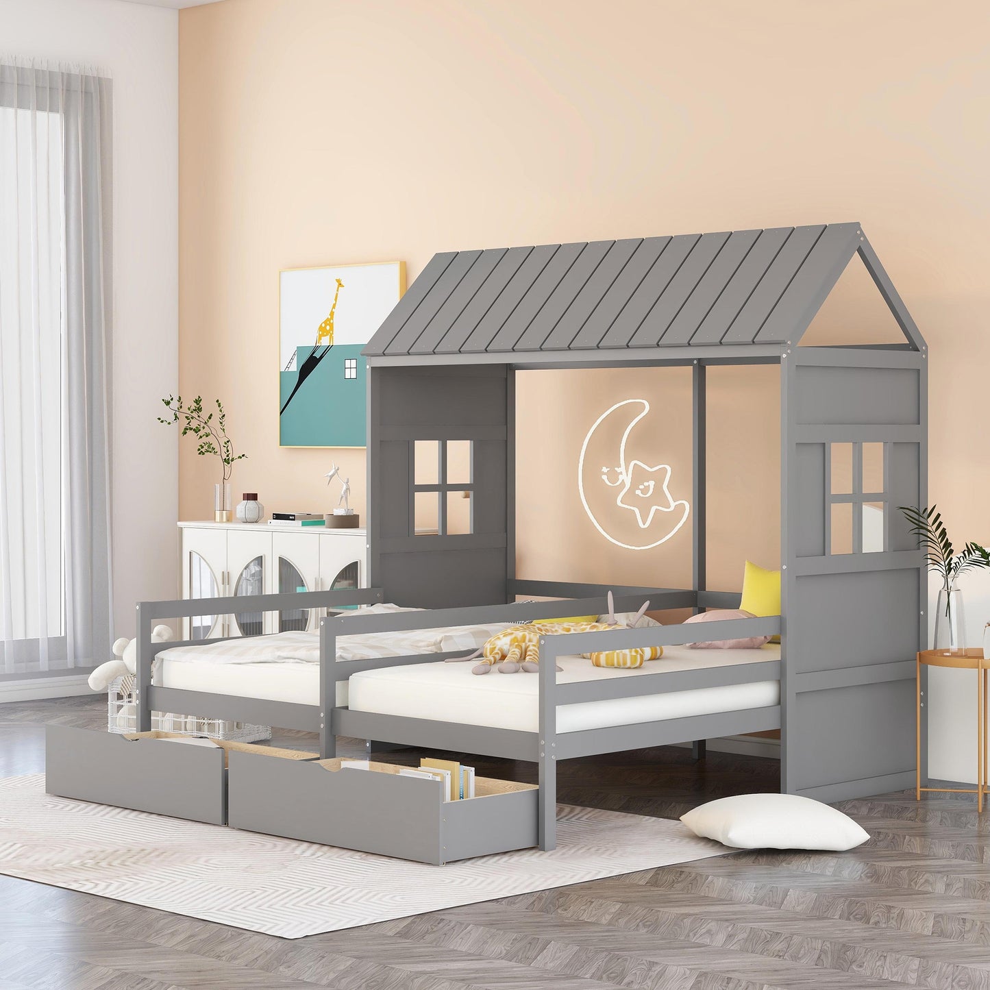 Twin Twin House Bed with 2 Drawers, Gray