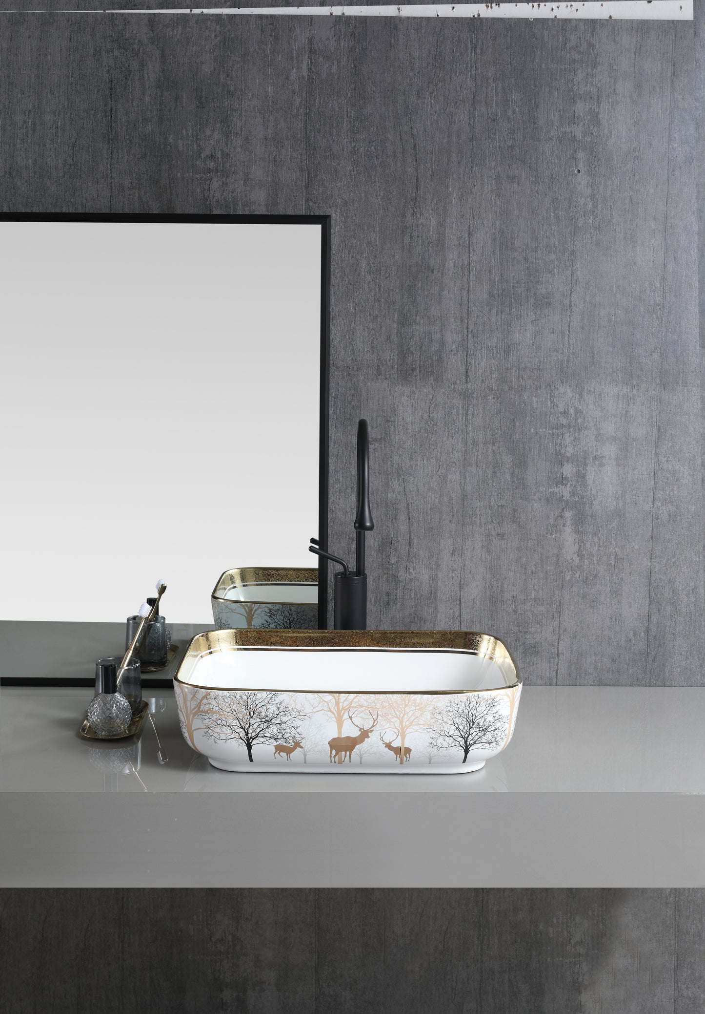 Deer and Forest Vessel Bathroom Sink Basin in White Ceramic Single Basin Ceramic Farmhouse Kitchen Sink with Basket Strainer