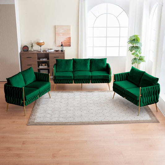 Elegant Green Velvet Living Room Set with Handwoven Tufted Back and Arms