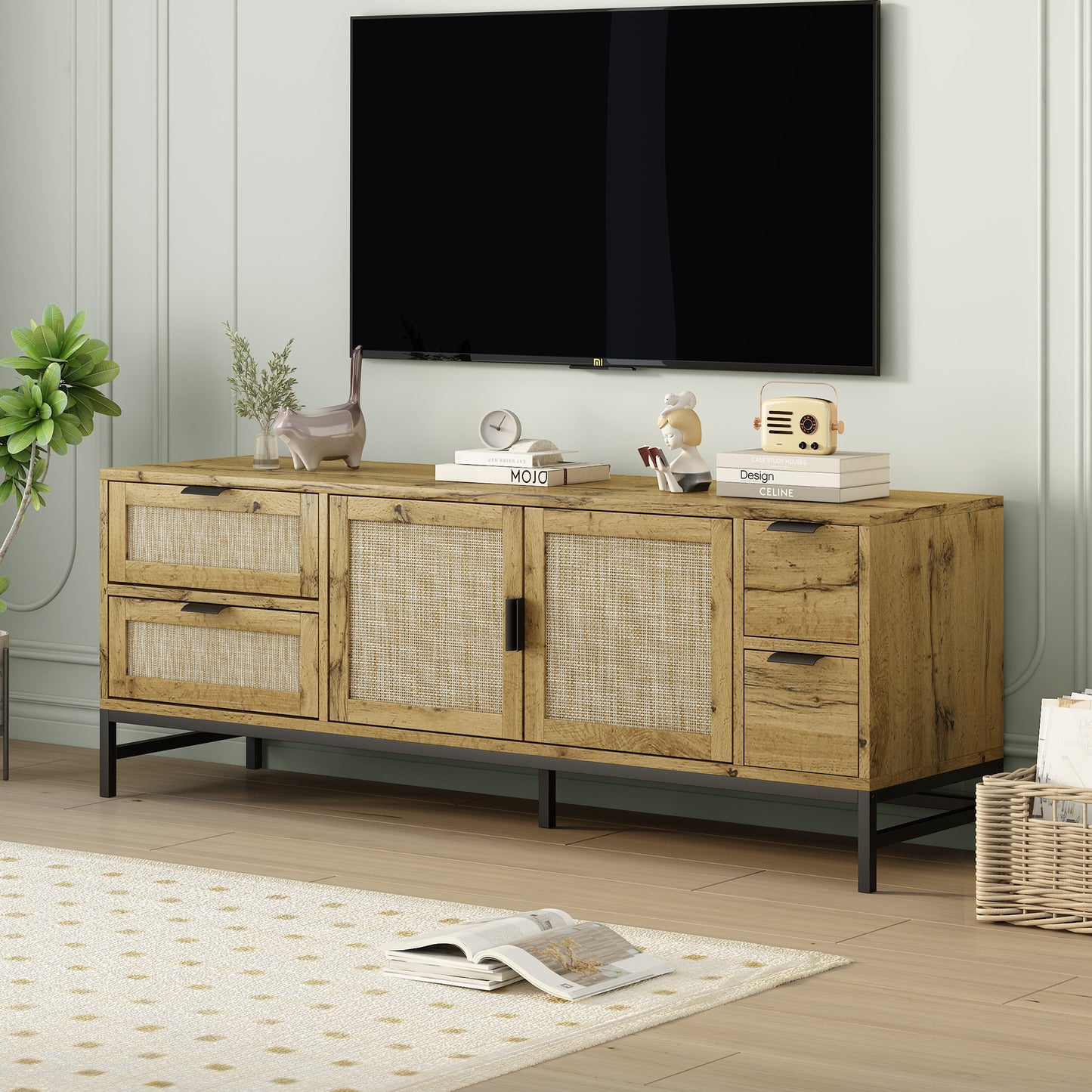 Sleek Boho-Style Rattan TV Console with Adjustable Shelves