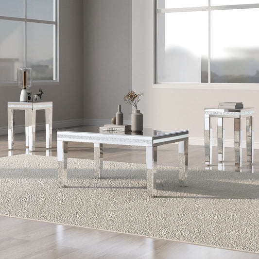 Stylish Crystal Design 3-Piece Mirrored Coffee Table Set in Silver