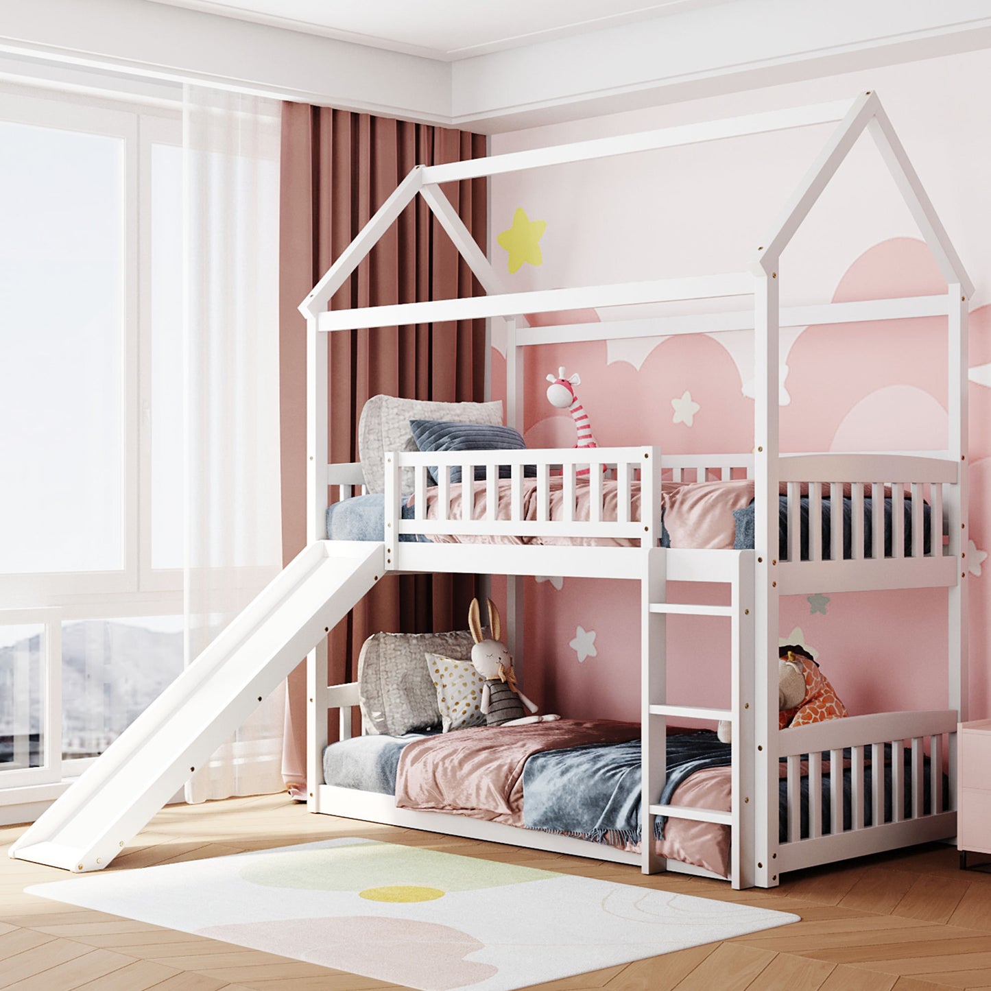 White Twin Over Twin Bunk Bed with Slide for House Design