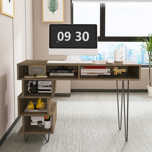 Geometric Brown Computer Desk with V-Shaped Iron Leg and Ample Storage