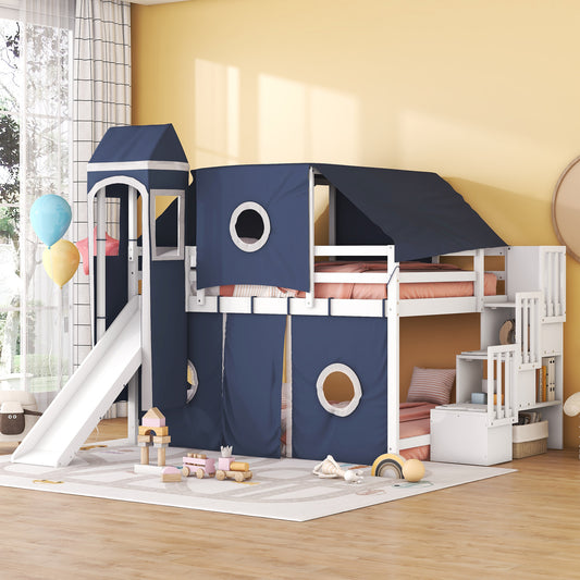 Full Size Loft Bed with Tent and Tower - Blue