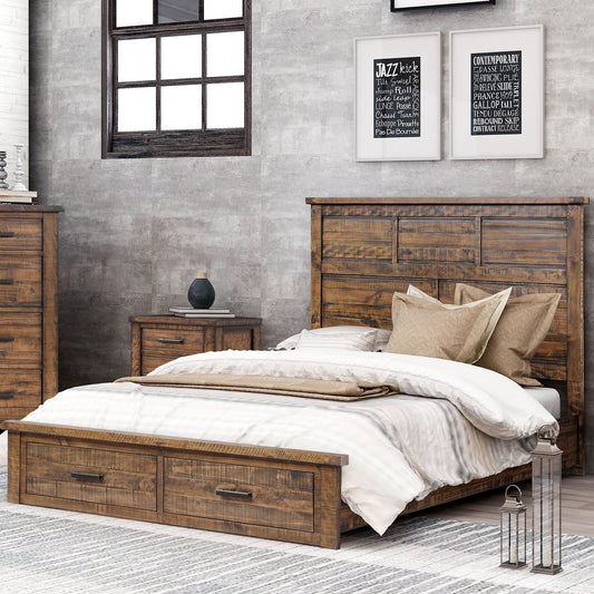 Rustic Reclaimed Solid Wood Framhouse Storage Queen Panel Bed