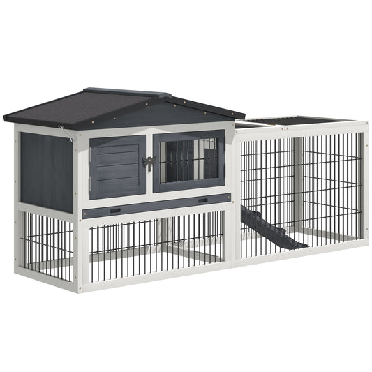 PawHut 2 Levels Outdoor Rabbit Hutch with Openable Top, 59" Wooden Large Rabbit Cage with Run Weatherproof Roof, Removable Tray, Ramp, Pewter Gray