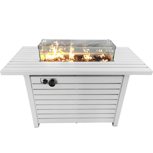 White Steel Propane Outdoor Fire Pit Table with Glass - 42'' x 25''