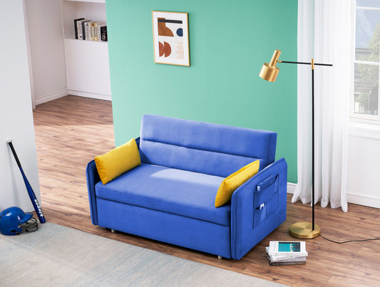 54 Blue Velvet Sofa with Pull Out Bed and Two Pillows - Perfect for Small Spaces