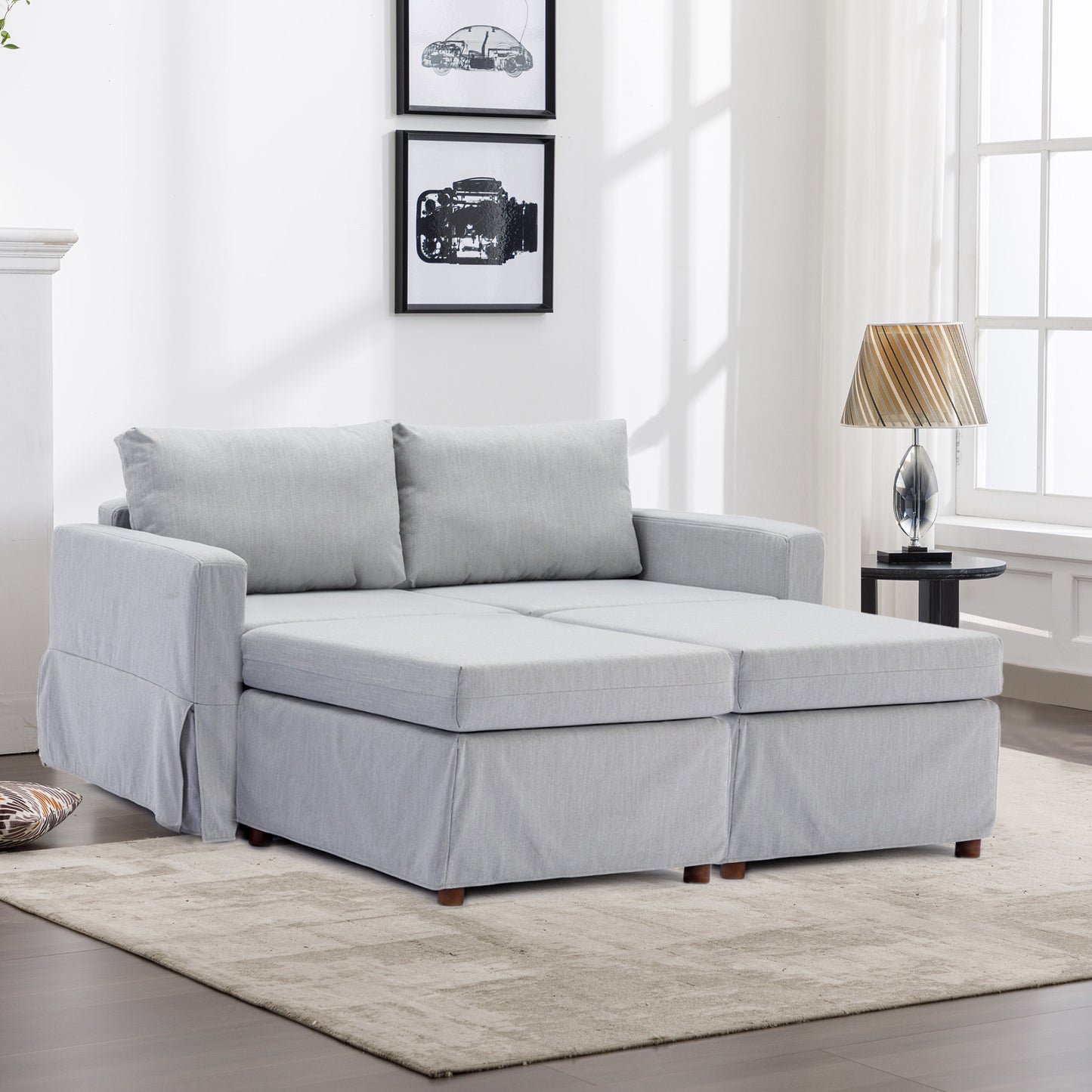 Modular Linen Sectional Sofa Set with Ottomans in Light Grey