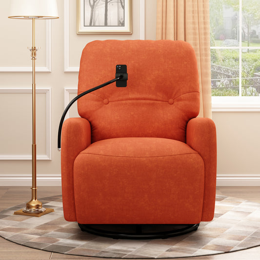 Electric Orange Swivel Recliner with Phone Holder and Rocking Motion