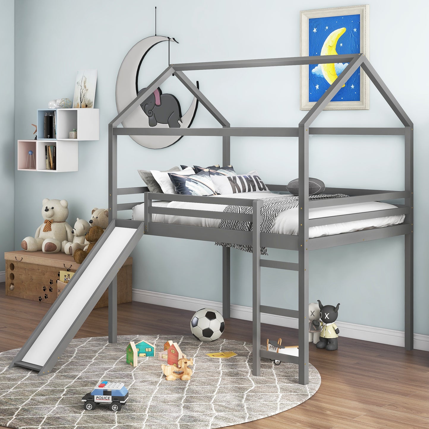 Full Size Loft Bed with Slide, House Bed with Slide,Gray( :WF281161AAE)