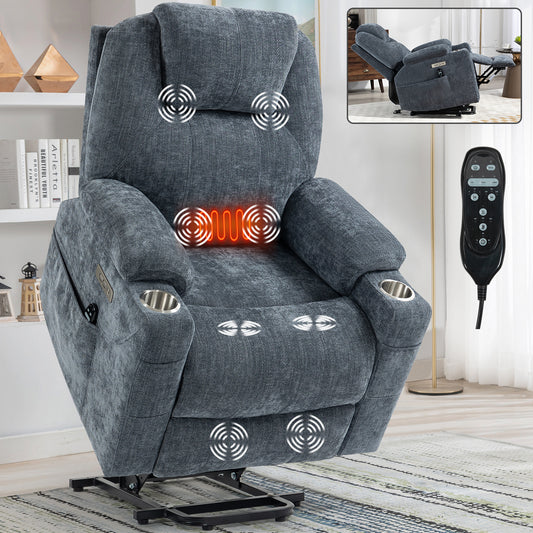 Blue Chenille Power Lift Recliner Chair with Massage and Lumbar Heating