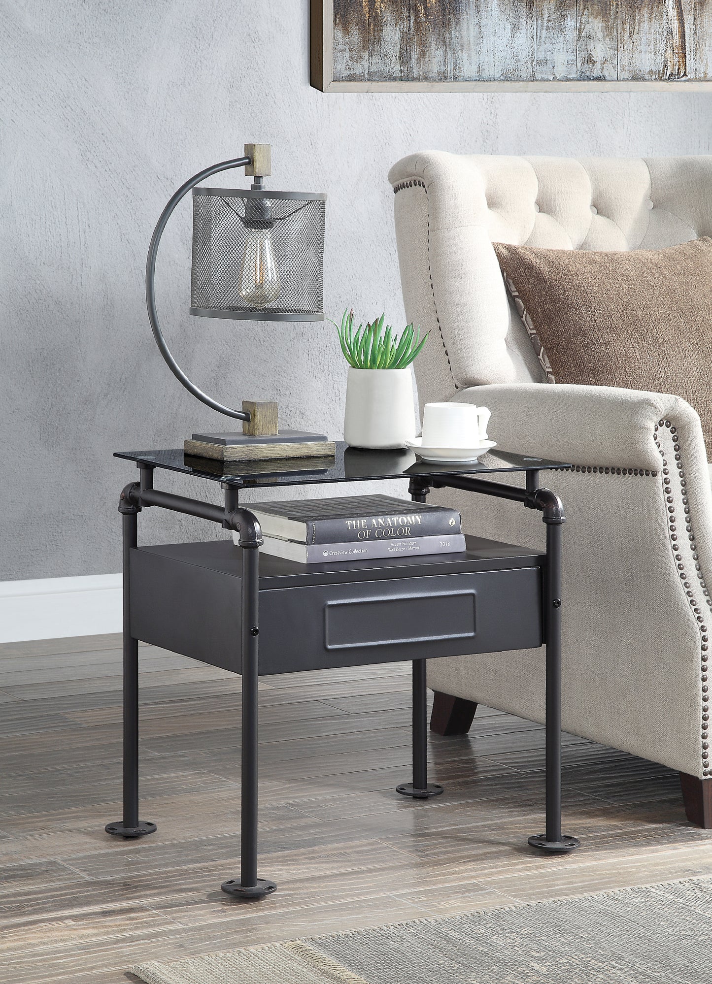 Nicipolis Nightstand, Glass & Sandy Gray 30738