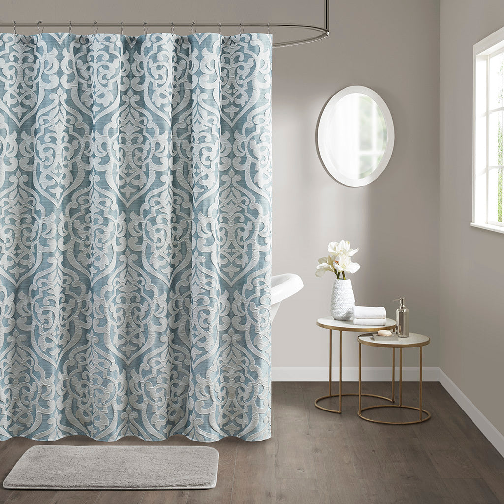 Luxurious Aqua and Silver Damask Medallion Jacquard Shower Curtain