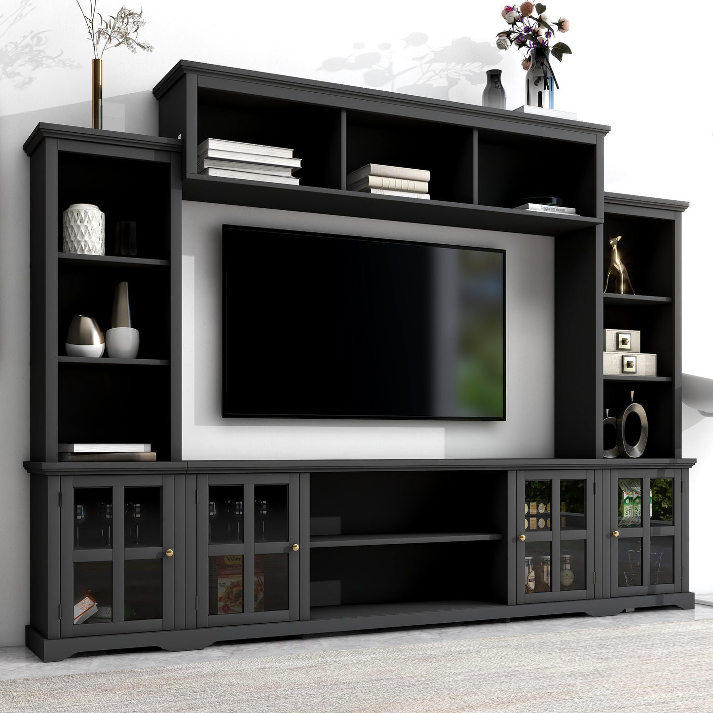 Sleek Entertainment Wall Unit with Bridge and Tempered Glass Door, Modern TV Console for TVs Up To 70