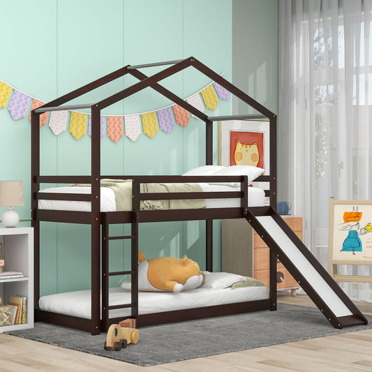 Adventurous Twin Bunk Bed with Slide, Ladder, and Roof, Espresso