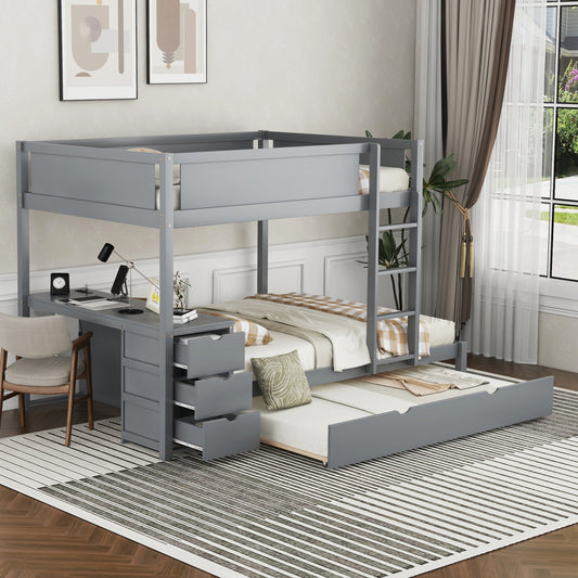 Full-Over-Full Bunk Bed with Twin Trundle, Storage, Desk, and USB Outlets, Gray - Ultimate Space-Saving Solution for Bedroom