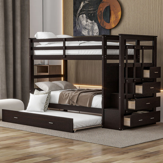 Chic Espresso Twin Bunk Bed with Trundle and Staircase