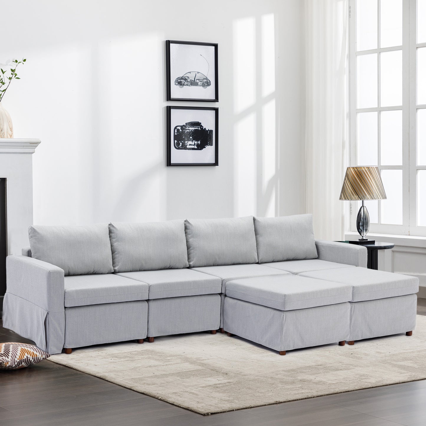 4-Seat Modular Sectional Sofa Set with 2 Ottoman, Washable Seat and Back Cushions, Light Grey