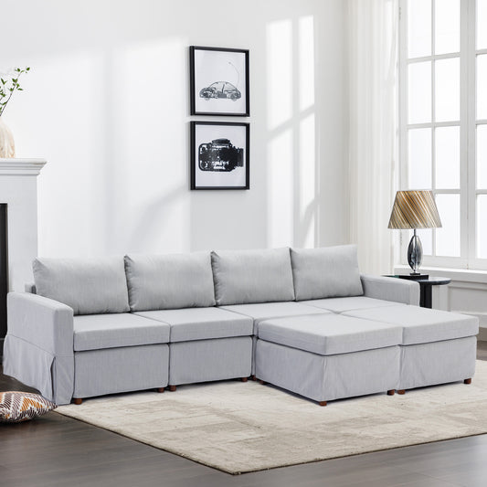 4-Seat Modular Sectional Sofa Set with 2 Ottoman, Washable Seat and Back Cushions, Light Grey