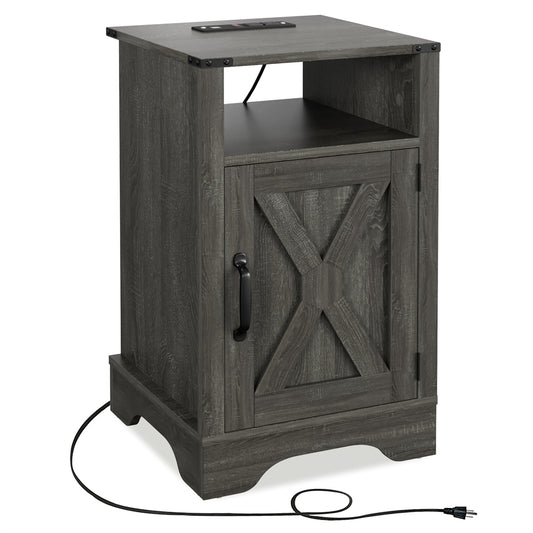 Modern Dark Grey Wood Tall Cabinet Small Nightstand Bed Side Table With Charging Station Living Room