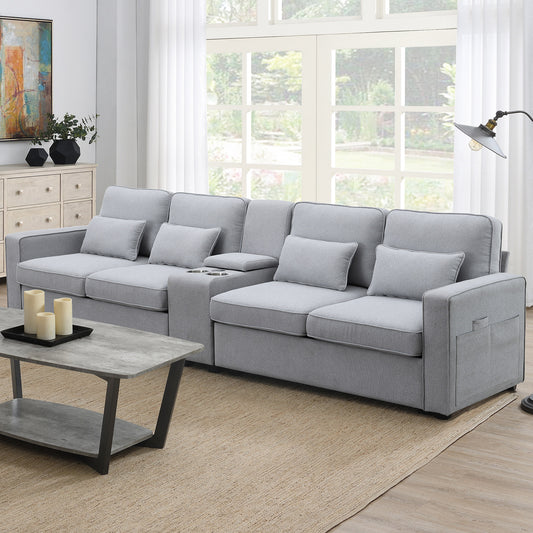 Modern 4-Seat Upholstered Sofa with Console and USB Ports