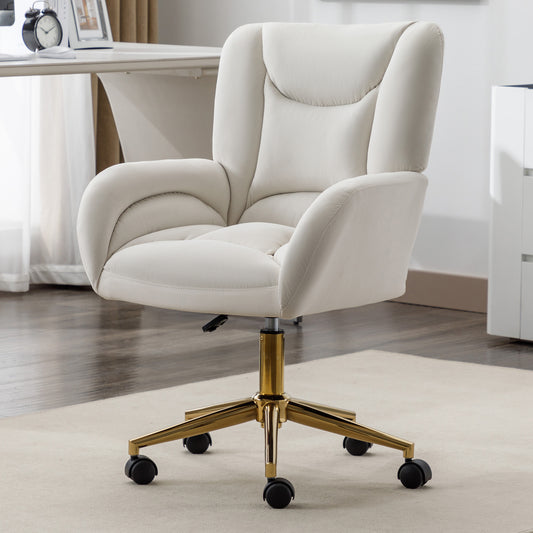 005-Velvet Fabric 360 Swivel Home Office Chair With Gold Metal Base And Universal Wheels,Ivory