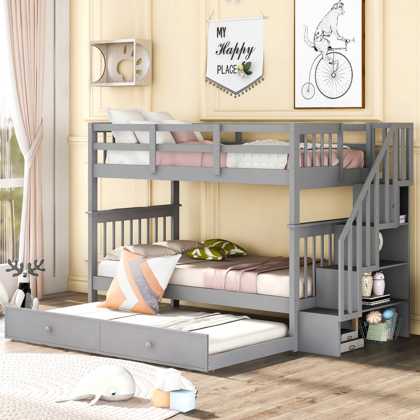 Stairway Twin Bunk Bed with Trundle and Storage in Gray Wood for Bedroom, Dorm or Adults