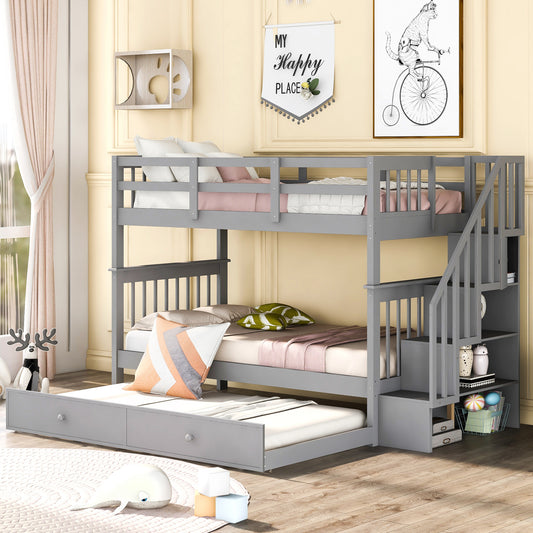 Stairway Twin Bunk Bed with Trundle and Storage in Gray Wood for Bedroom, Dorm or Adults