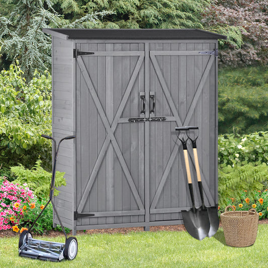 Outdoor 5.3ft Hx4.6ft L Wood Storage Shed Tool Organizer,Garden Shed, Storage Cabinet with Waterproof Asphalt Roof, Double Lockable Doors, 3-tier Shelves for Backyard, Gray