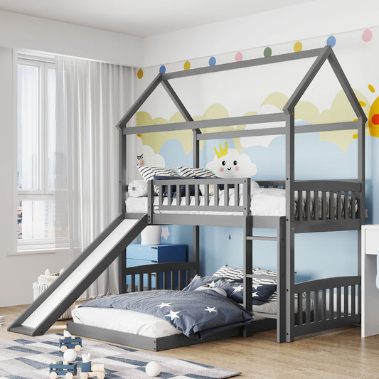 Gray Twin Bunk Bed with Slide and Playhouse Design for Maximized Space Saving