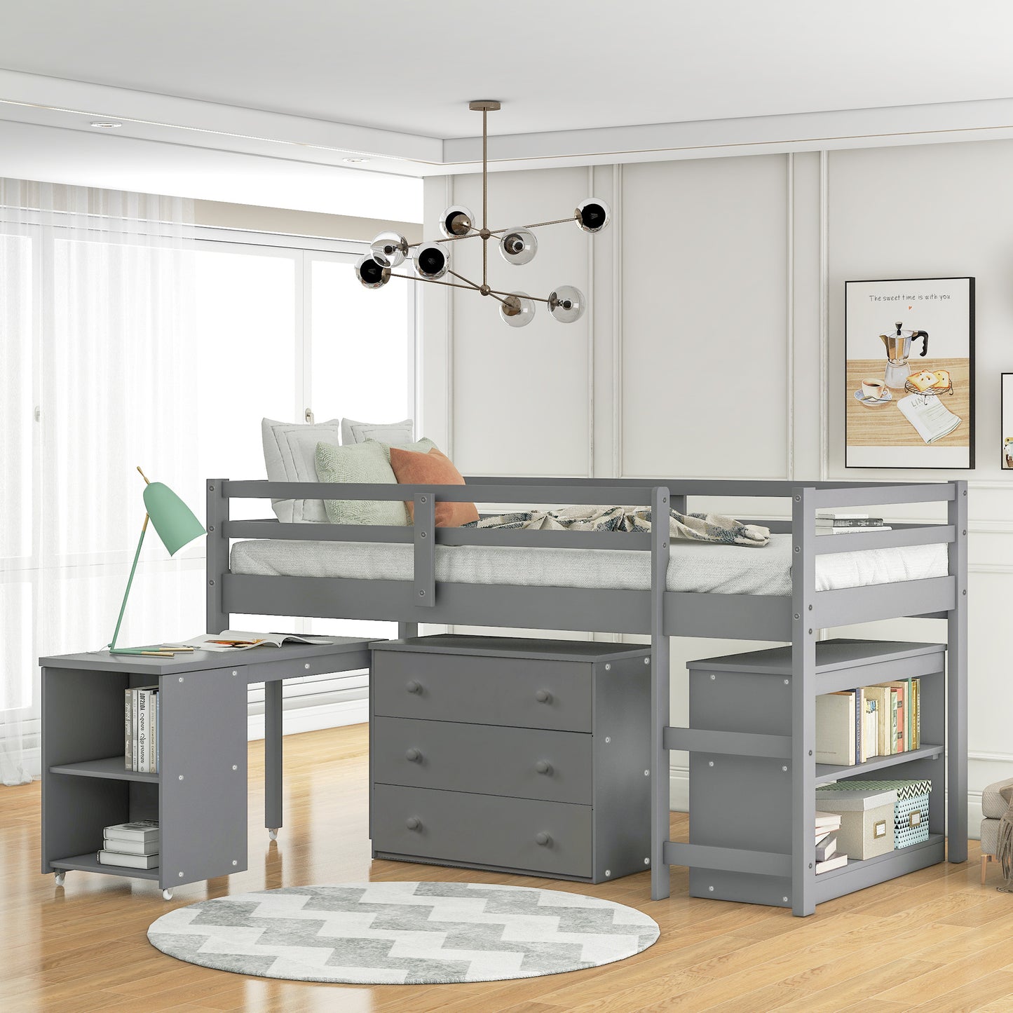 Low Study Twin Loft Bed with Cabinet and Rolling Portable Desk - Gray