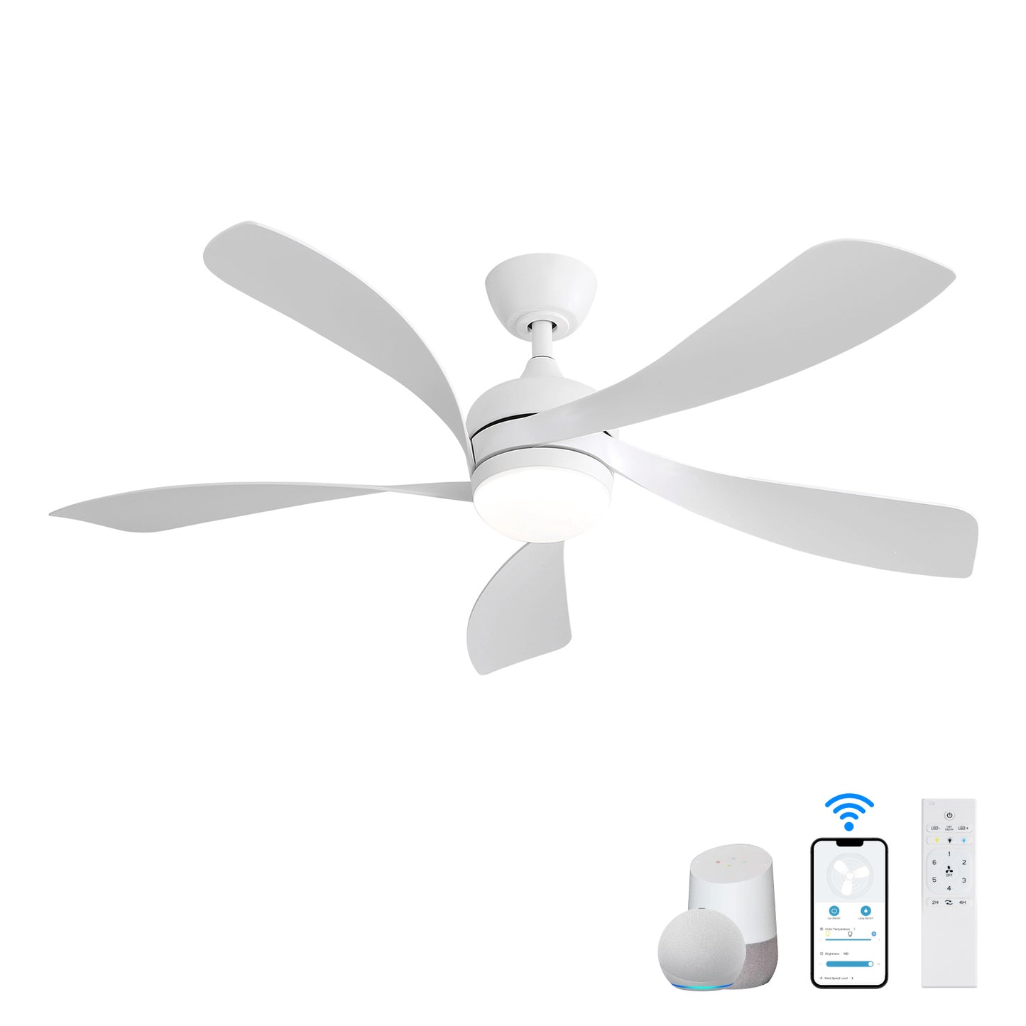 Quiet 52 Inch White Wooden Ceiling Fan with Remote Control and LED Light