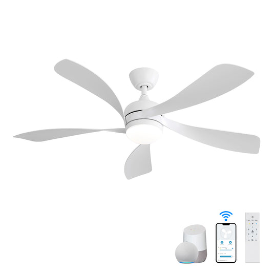 Quiet 52 Inch White Wooden Ceiling Fan with Remote Control and LED Light