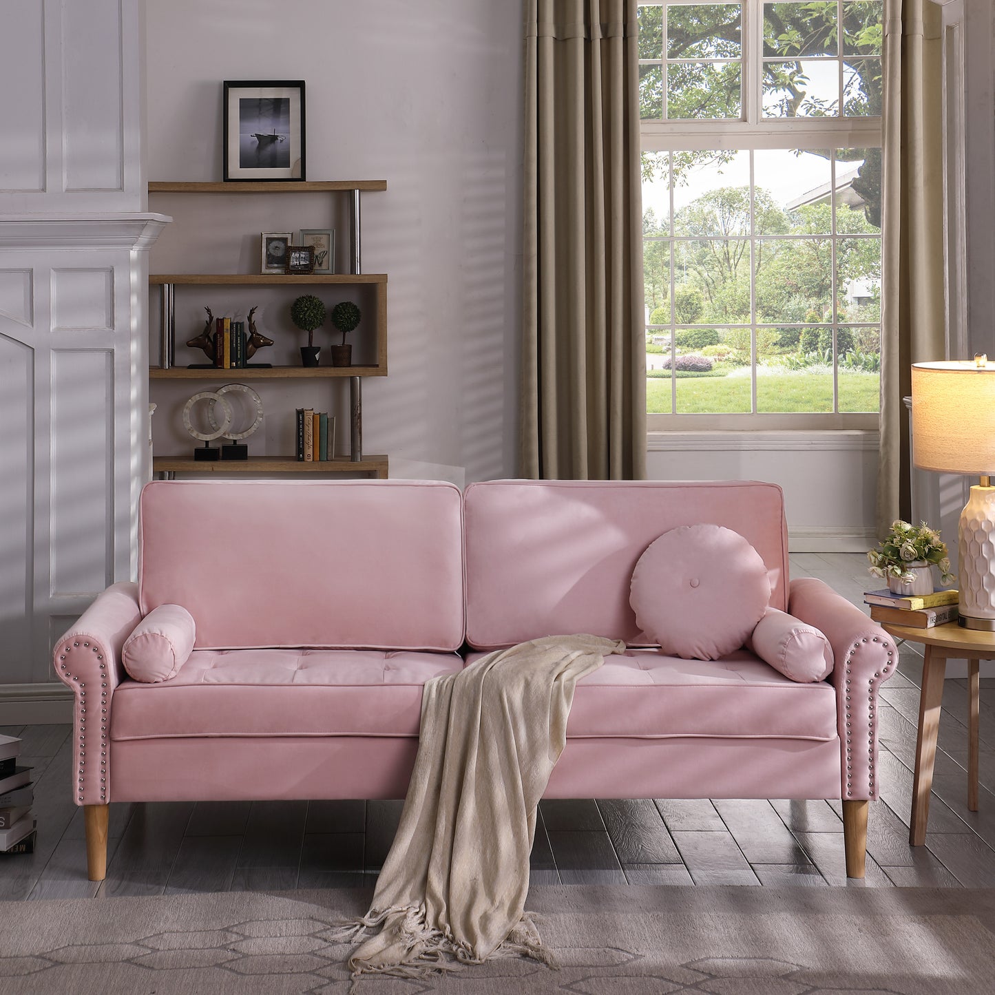 Living Room Sofa,3-Seater Sofa , with  Copper Nail on Arms ,Three Pillow,Pink