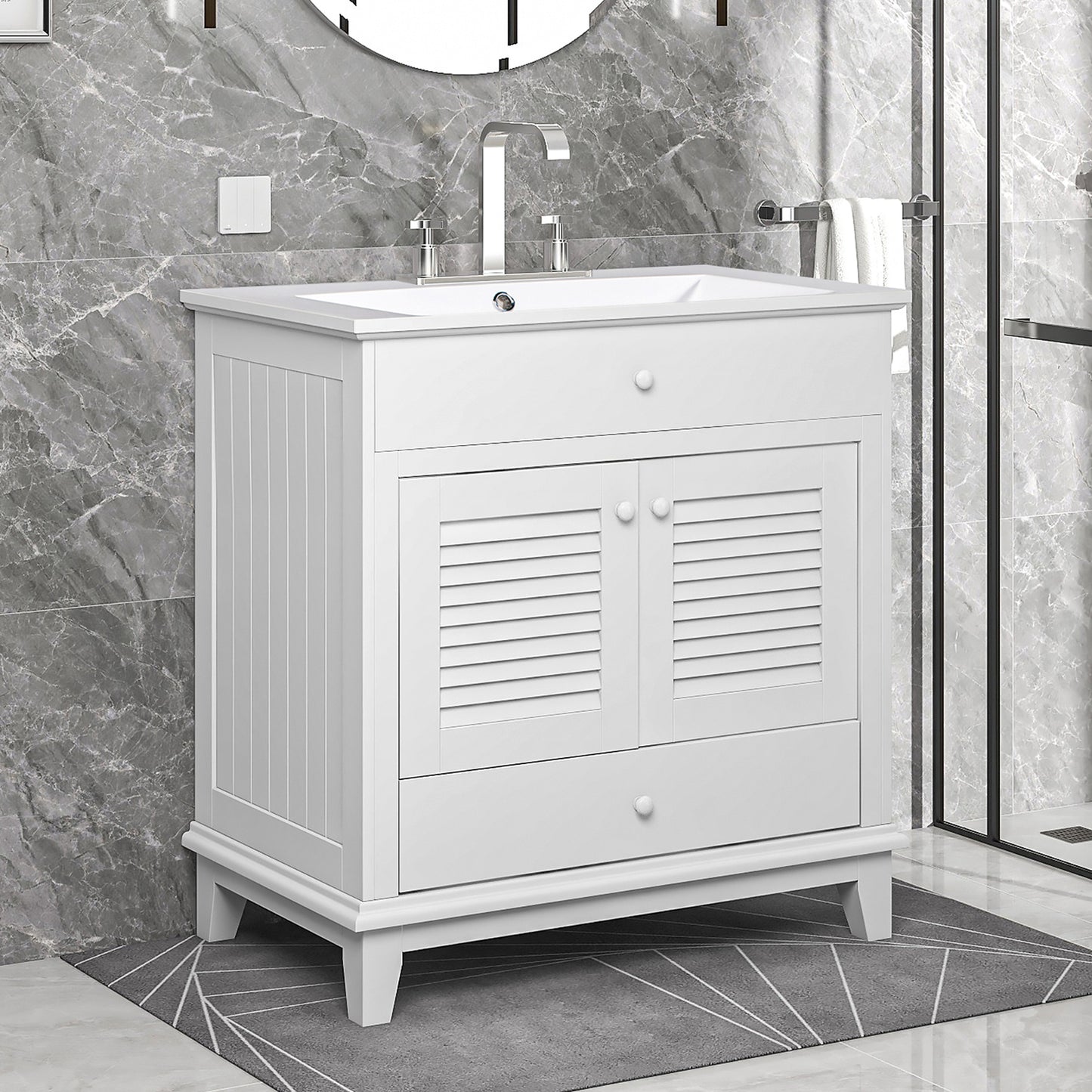 30" Bathroom Vanity with Sink, Bathroom Cabinet with Two Doors and One Drawer, White