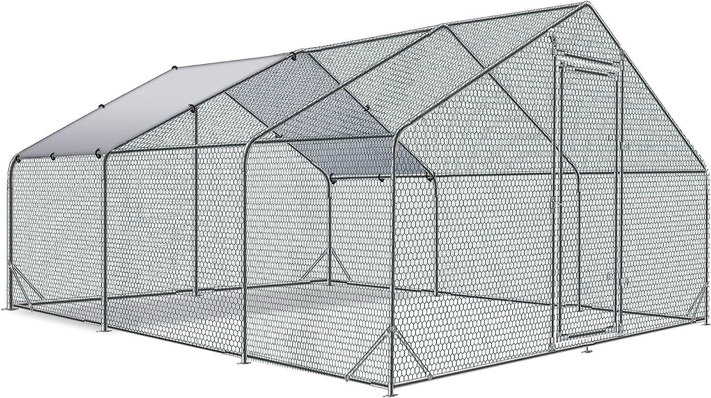 Large Metal Chicken Coop Walk-in Poultry Cage Hen Run House Rabbits Habitat Cage Spire Shaped Coop with Waterproof and Anti-Ultraviolet Cover (9.8' L x 19.7' W x 6.4' H)