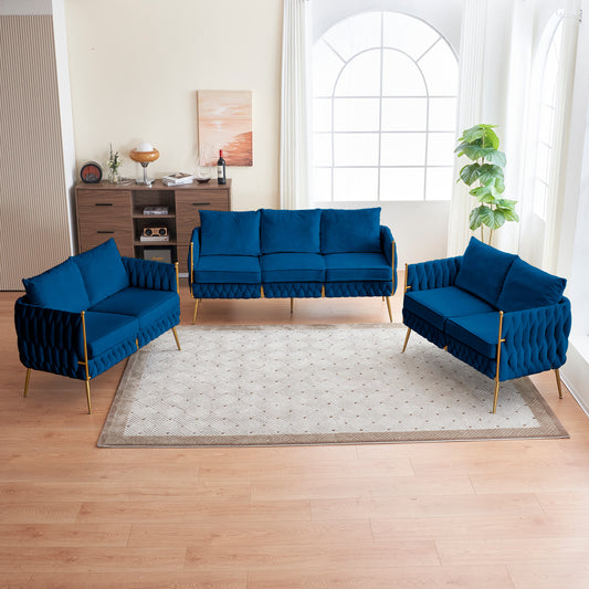 Luxurious 3-Piece Blue Velvet Living Room Set with Handwoven Tufted Backrest and Golden Metal Legs