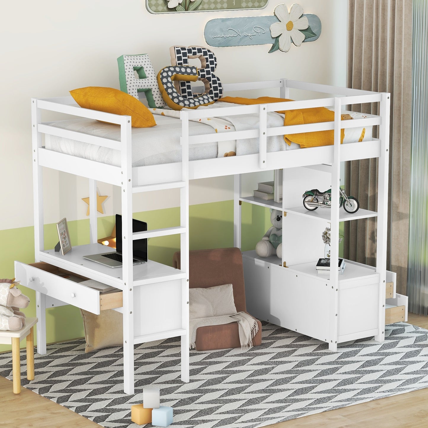 Twin  Size Loft Bed with Built-in Desk with Two Drawers, and Storage Shelves and Drawers,White