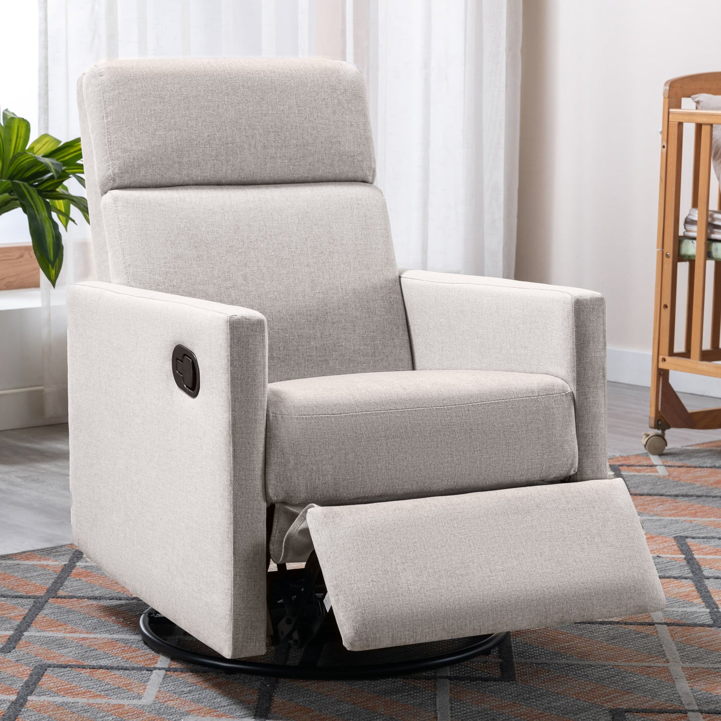 Modern Tan Upholstered Nursery Rocker Chair with Swivel Recliner