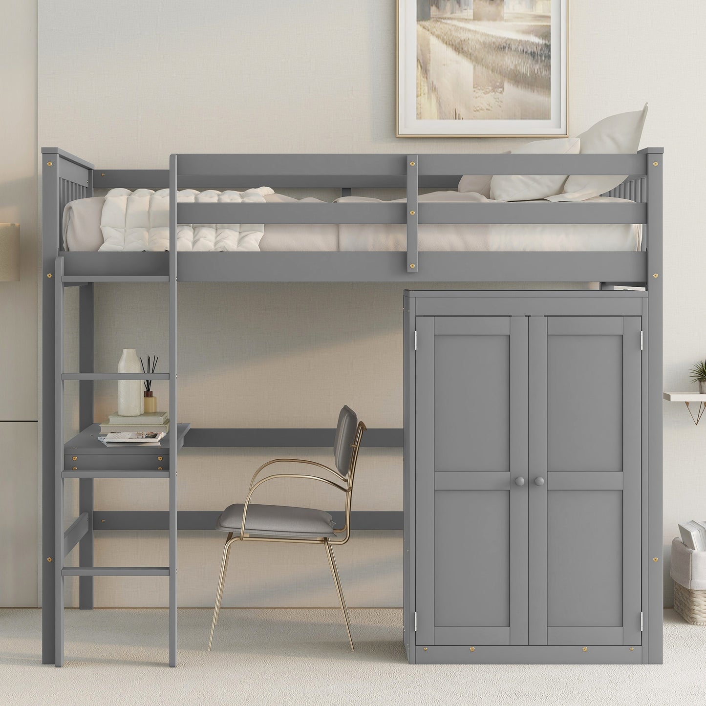 TWIN LOFT BED WITH DESK AND WARDROBE FOR GREY COLOR